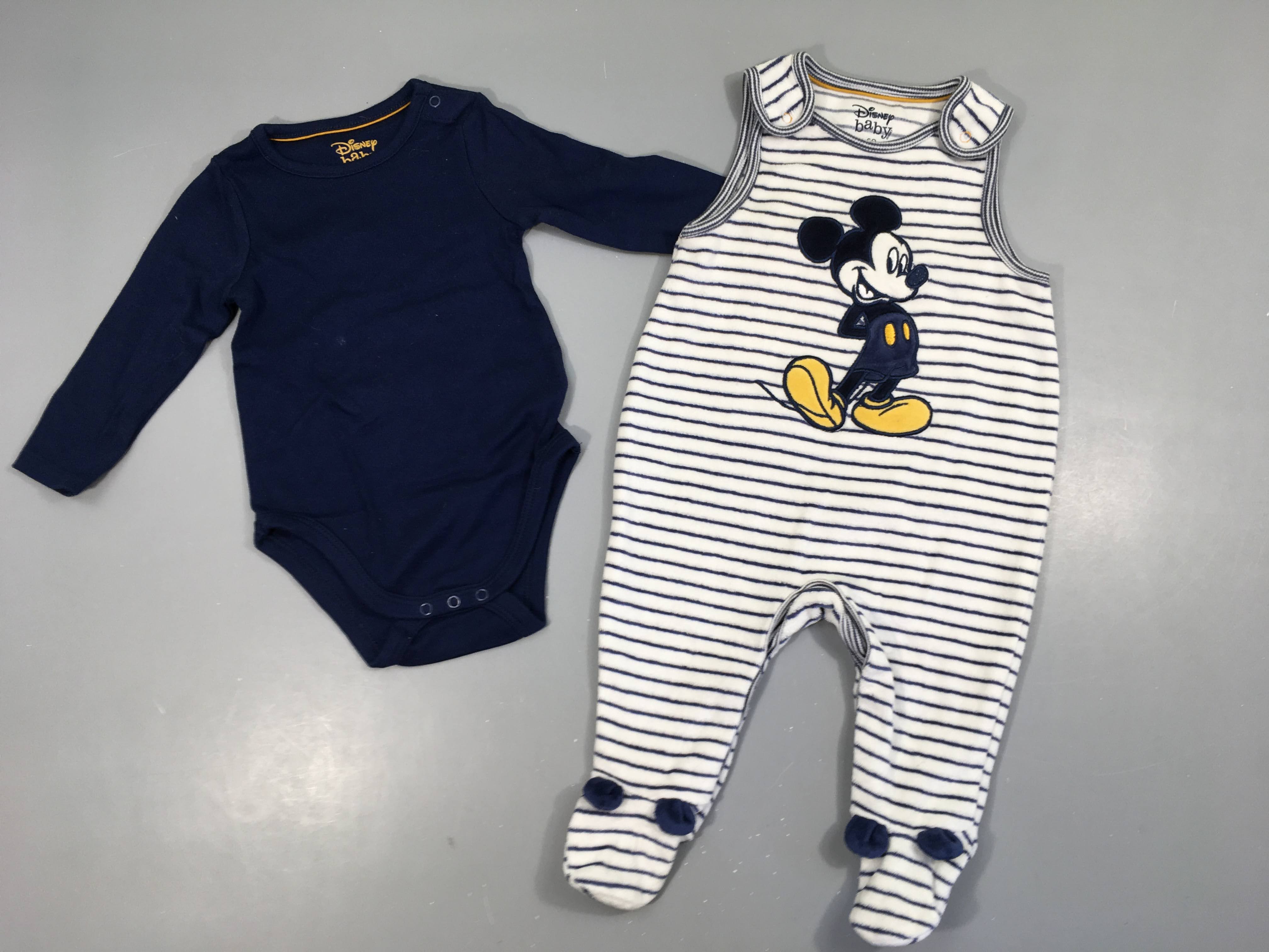 Pyjama s.m velours blanc rayé bleu Mickey + Body m.l bleu foncé