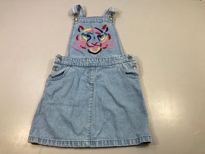 Robe salopette denim, tête de félin coloré, moins cher chez Petit Kiwi