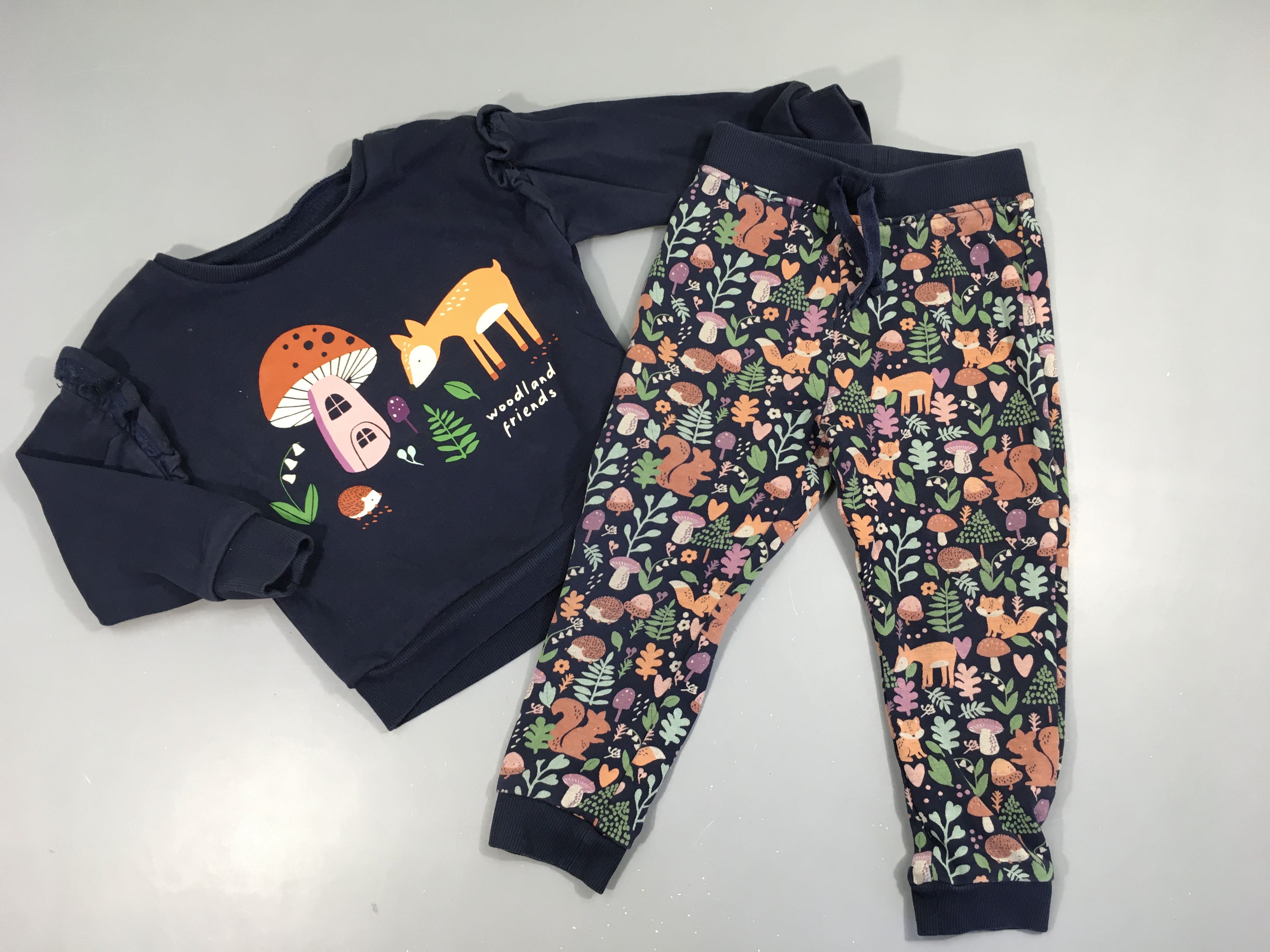 Sweat bleu foncé + pantalon champignon animaux