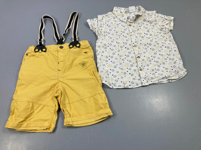 Ensemble Chemise m.c blanche étoiles et têtes de Mickey bleu marine, jaune + bermuda jaune texturé à bretelles, moins cher chez Petit Kiwi