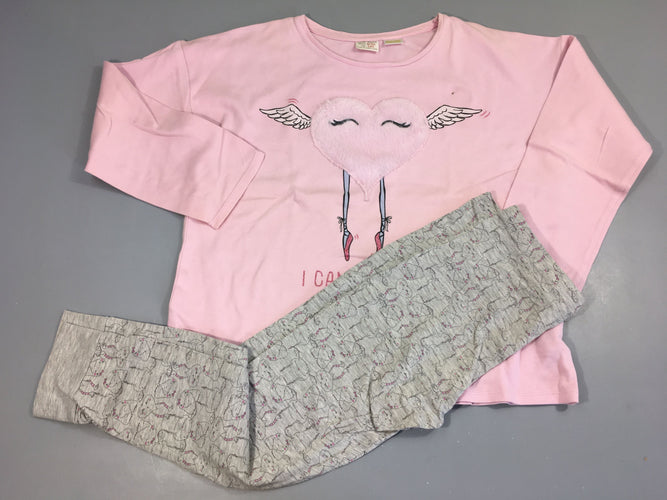 Pyjama haut m.l rose avec coeur bas imprimé gris, petite tache sur le haut, moins cher chez Petit Kiwi