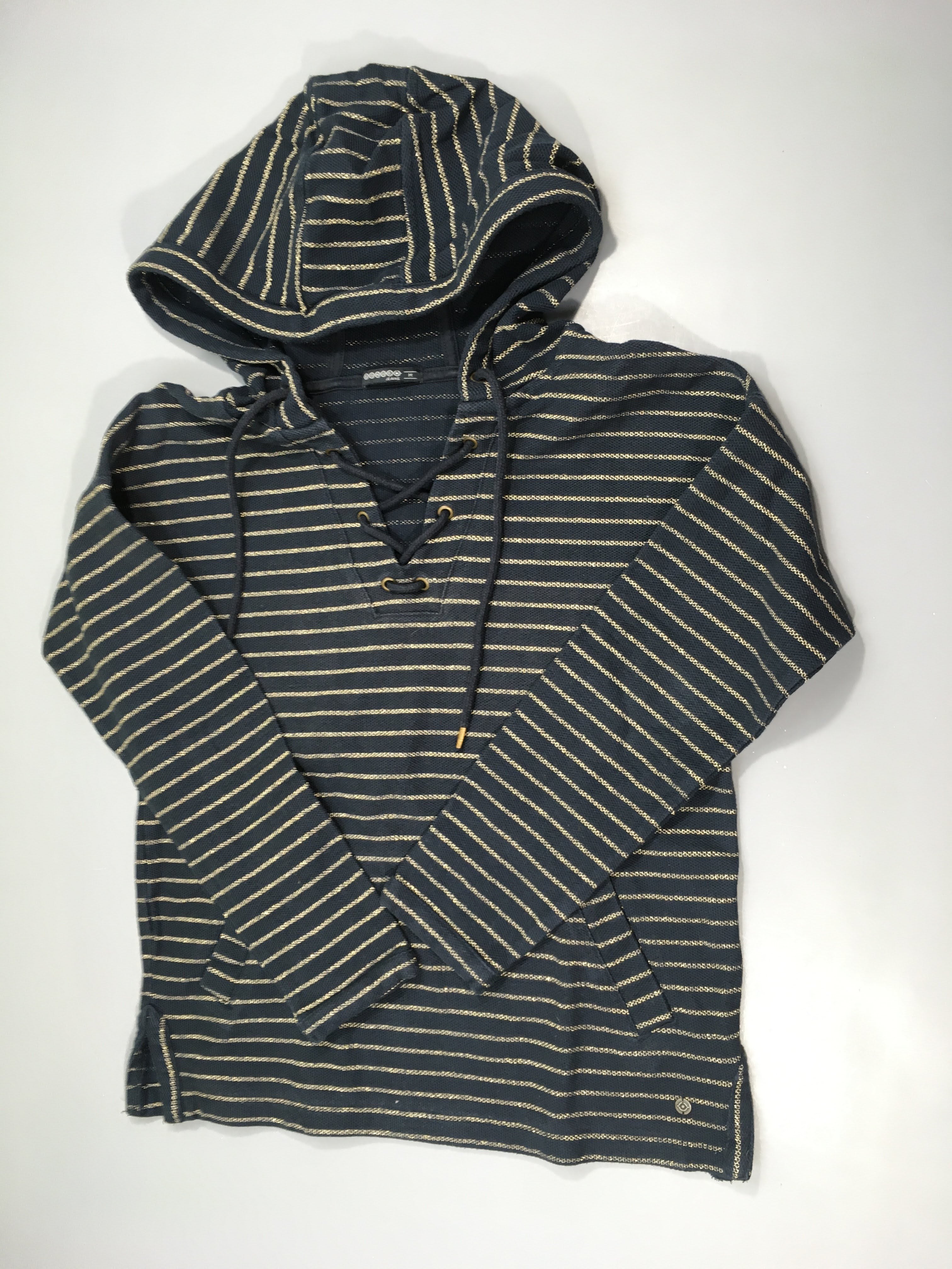 Pull bleu foncé rayé doré à capuche, Bonobo jeans, M