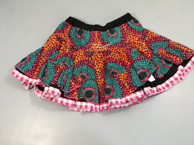Jupe à volants taille élastique imprimé rose/orange/turquoise/noir réversible, moins cher chez Petit Kiwi