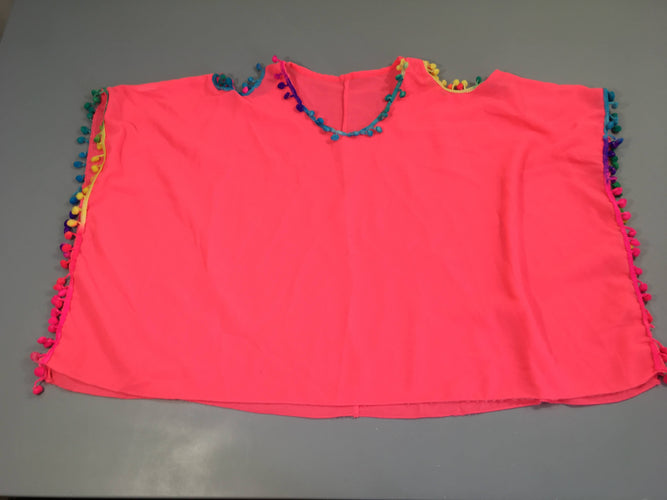 Blouse m.c épaules dénudées pompons multicolores rose fluo, moins cher chez Petit Kiwi