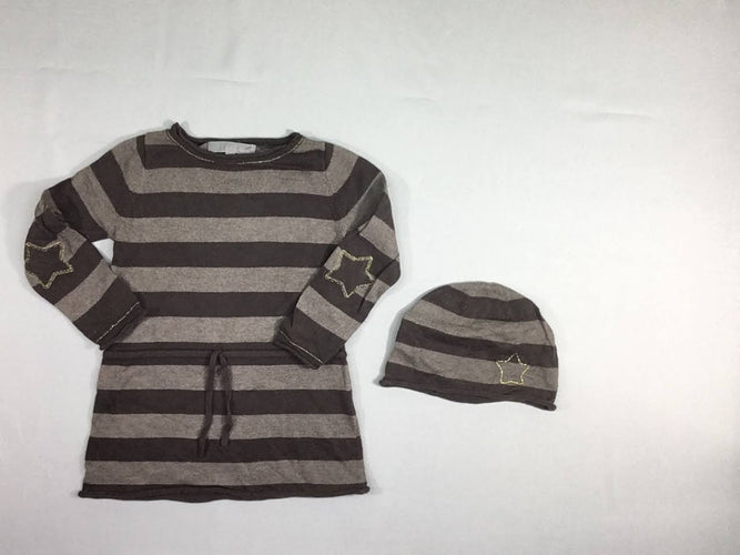 Robe pull ml rayé brun + bonnet, 11% angora, moins cher chez Petit Kiwi