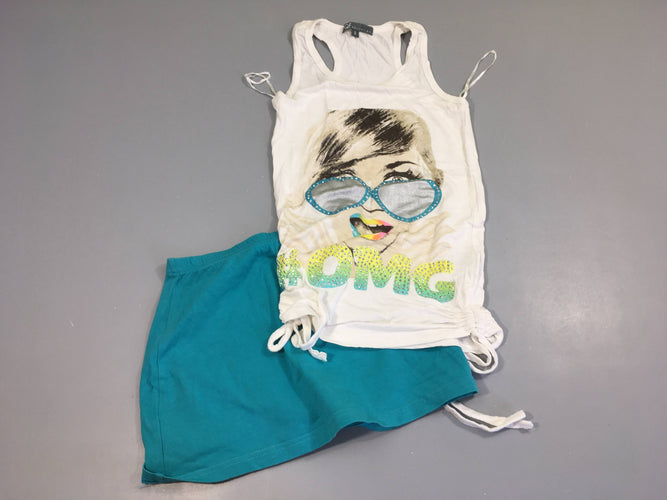 Ensemble jupe turqoise , débardeur blanc impression femme, moins cher chez Petit Kiwi