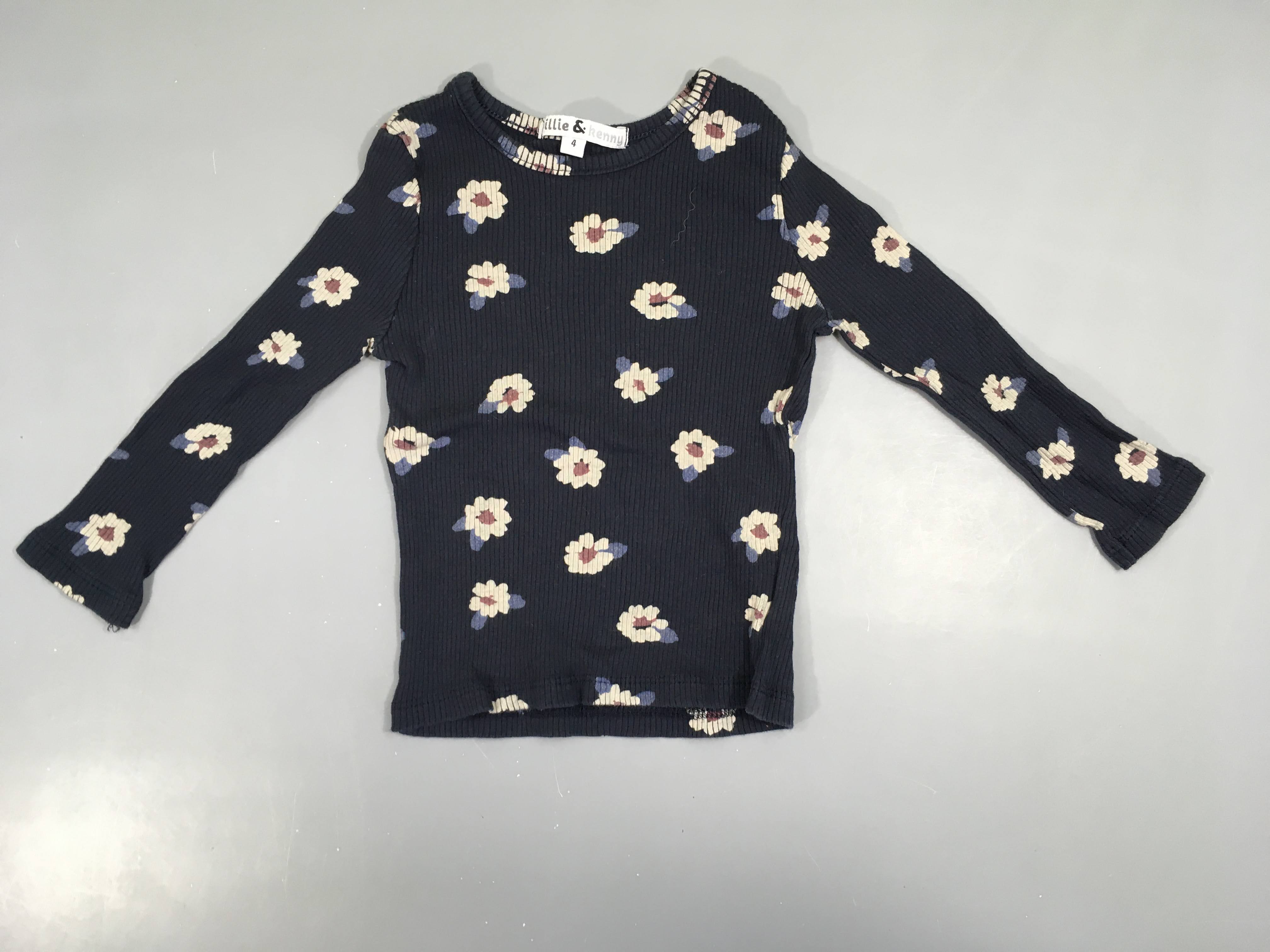 T-shirt m.l bleu foncé côtelé fleuri