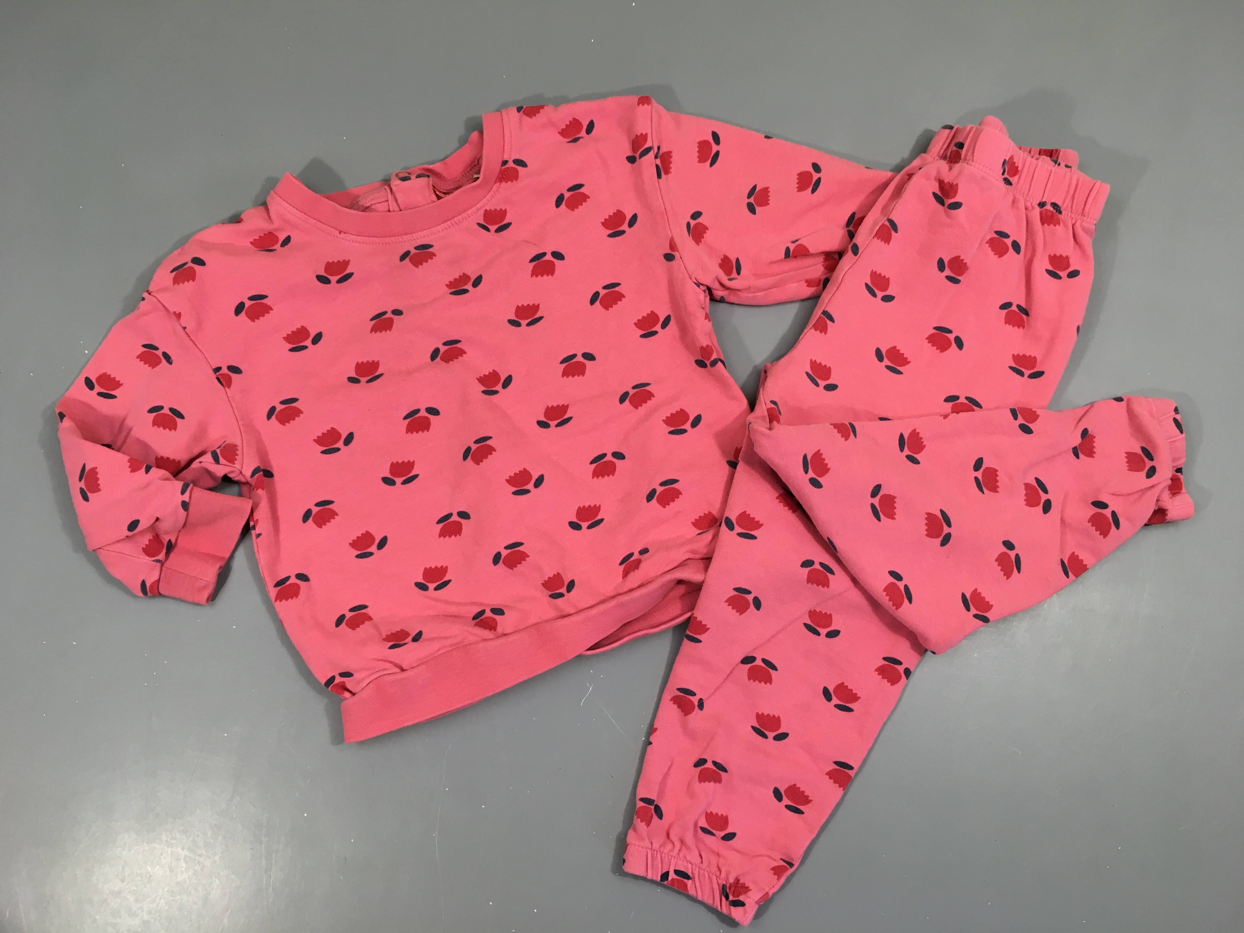 Pyjama 2pcs jersey rose fleurs, légèrement bouloché