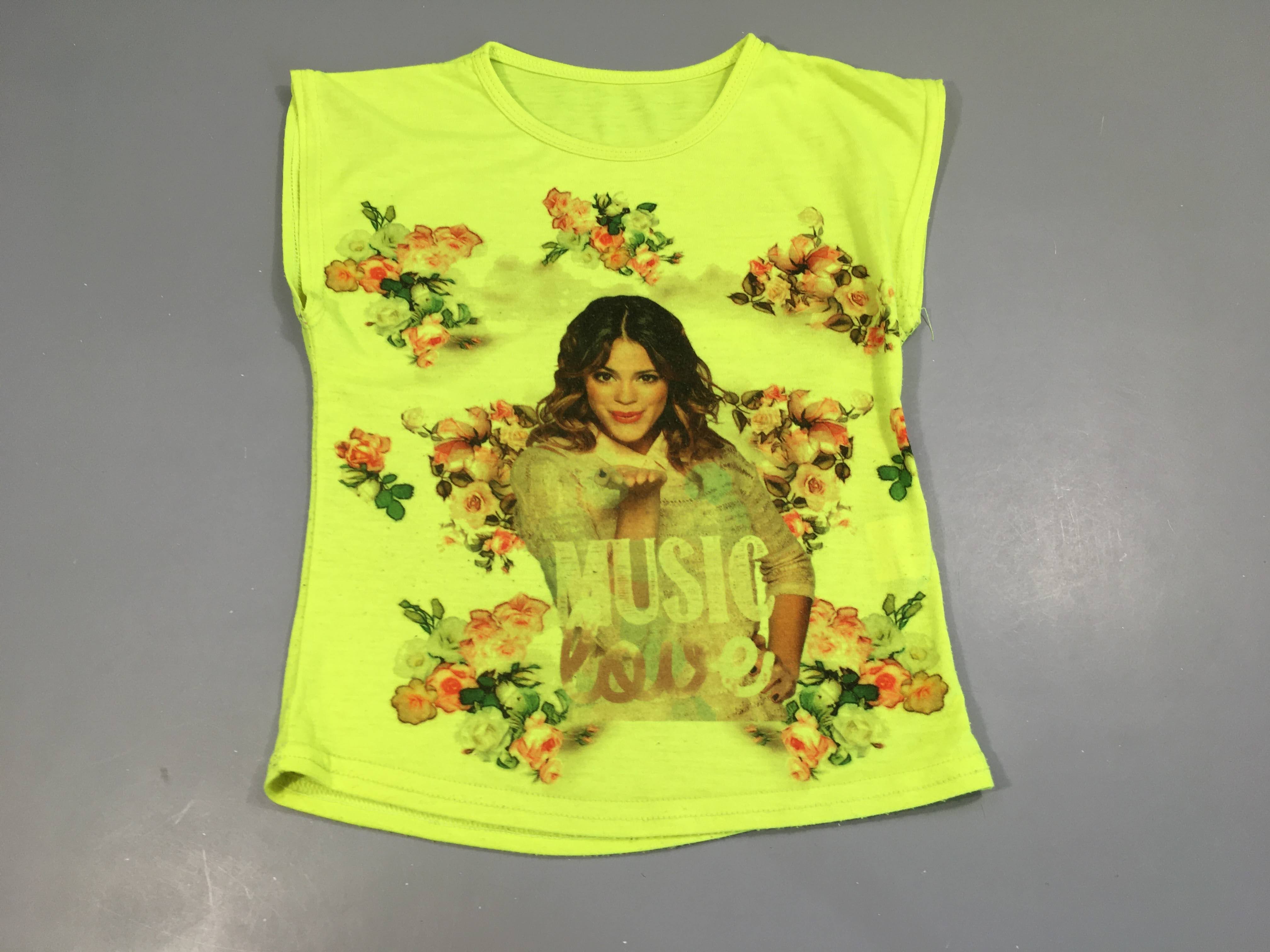 T-shirt sans manches vert fluo imprimé fille music love, légèrement bouloché