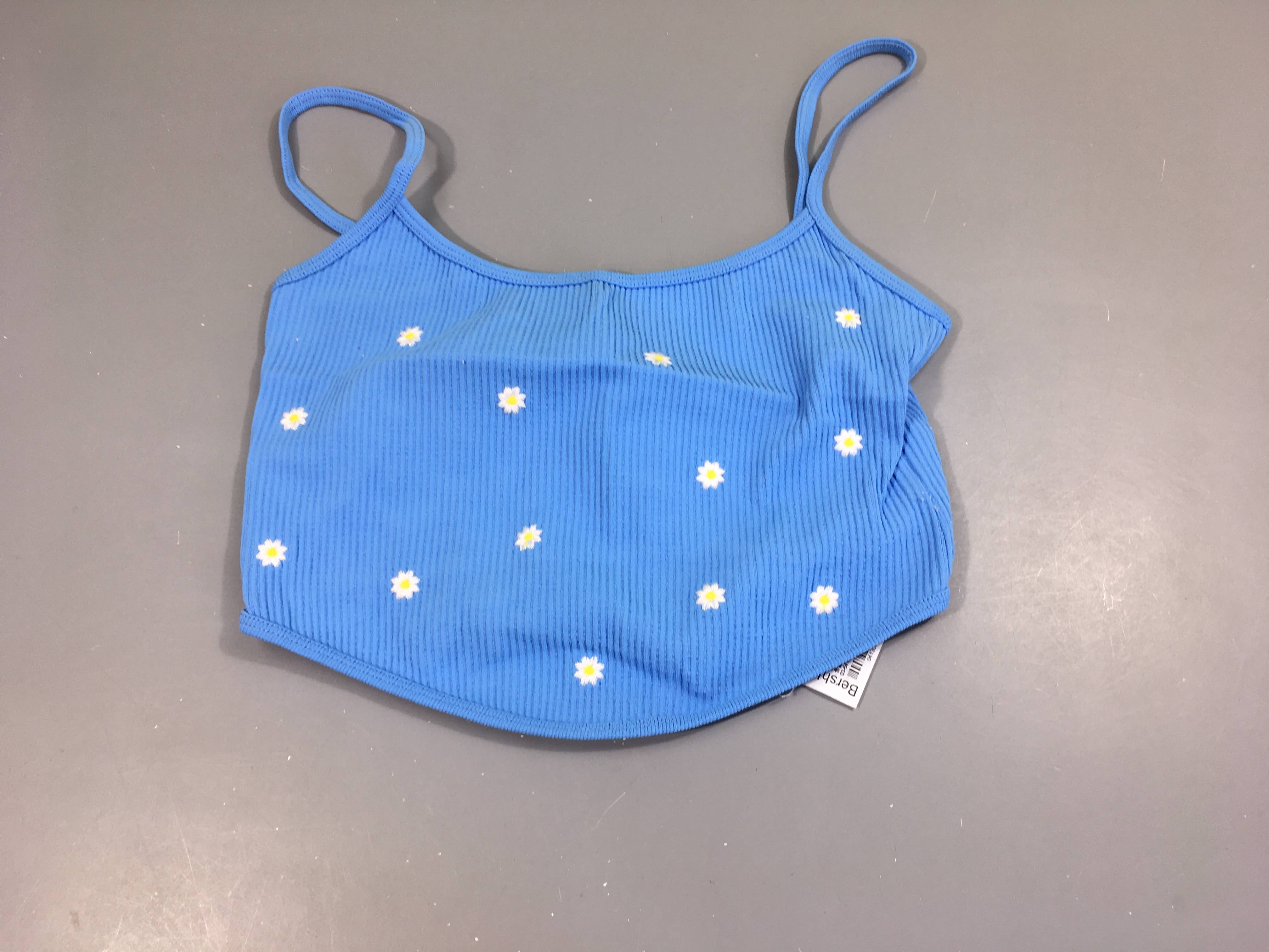 Crop top fines bretelles bleu cotelé petites fleurs brodées