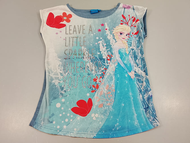 T-shirt m.c bleu  Elsa Reine des neiges "Leave a little parkle...", un peu bouloché, moins cher chez Petit Kiwi