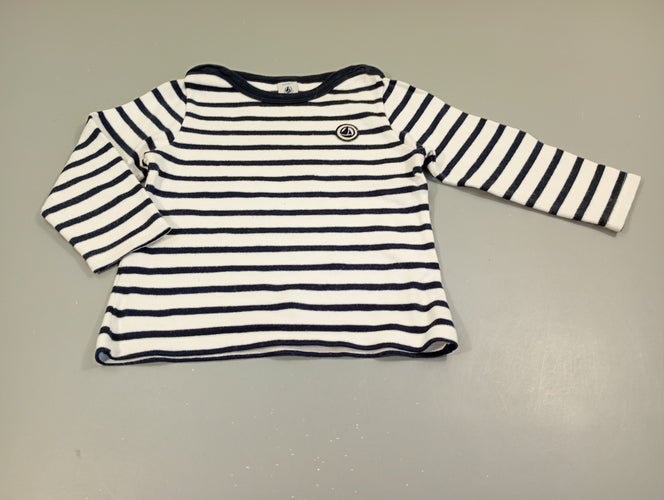 T-shirt m.l blanc rayé bleu marine , voilier, très légèrement bouloché, moins cher chez Petit Kiwi