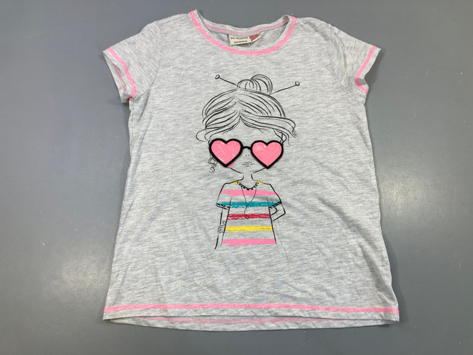T-shirt m.c gris chiné fille lunettes coeurs texturés Waikiki Légèrement bouloché, moins cher chez Petit Kiwi