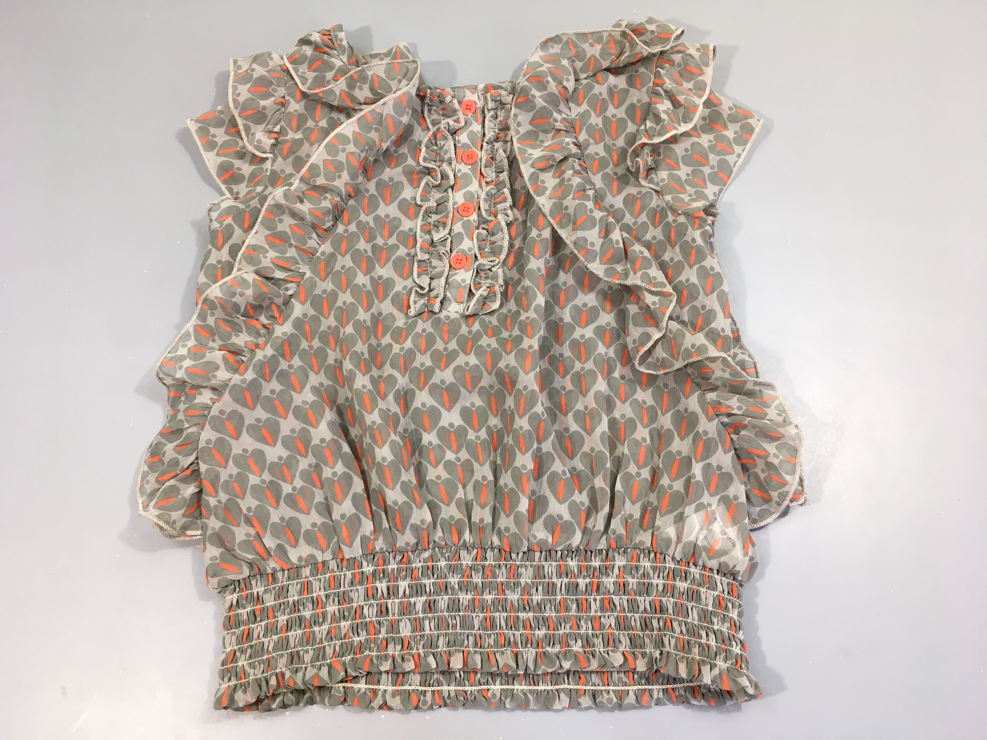 Blouse s.m tissu léger imprimé coeurs kaki et orange, volants, bas élastiqué