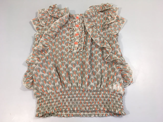 Blouse s.m tissu léger imprimé coeurs kaki et orange, volants, bas élastiqué, moins cher chez Petit Kiwi
