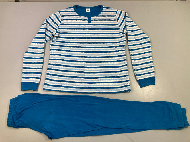 Pyjama 2pcs jersey bleu rayé blanc Légèrement bouloché, moins cher chez Petit Kiwi