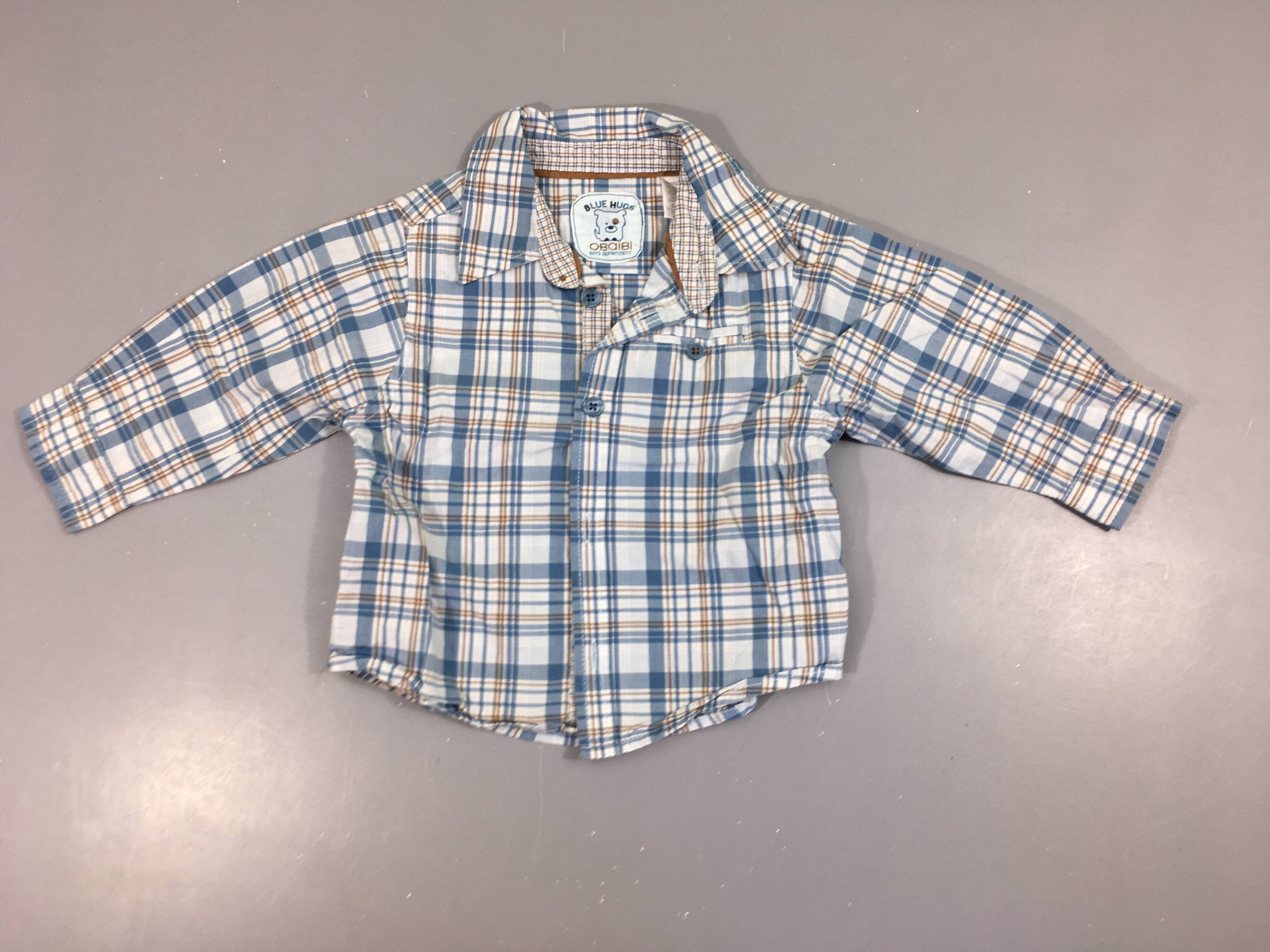 Chemise m.l blanche à carreaux bleu/brun