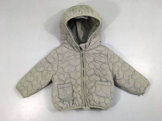 Doudoune light à capuche vert coeurs, finitions des liserets pas finie, moins cher chez Petit Kiwi