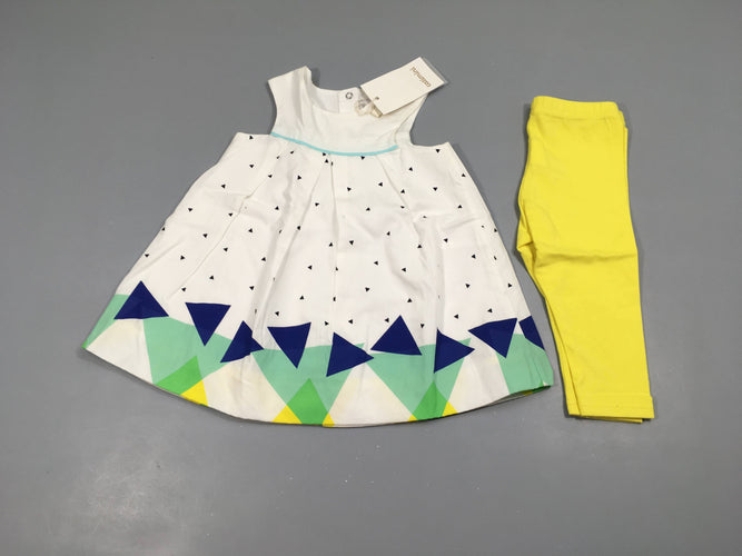 NEUF Robe m.c blanche triangles + Legging jaune, moins cher chez Petit Kiwi