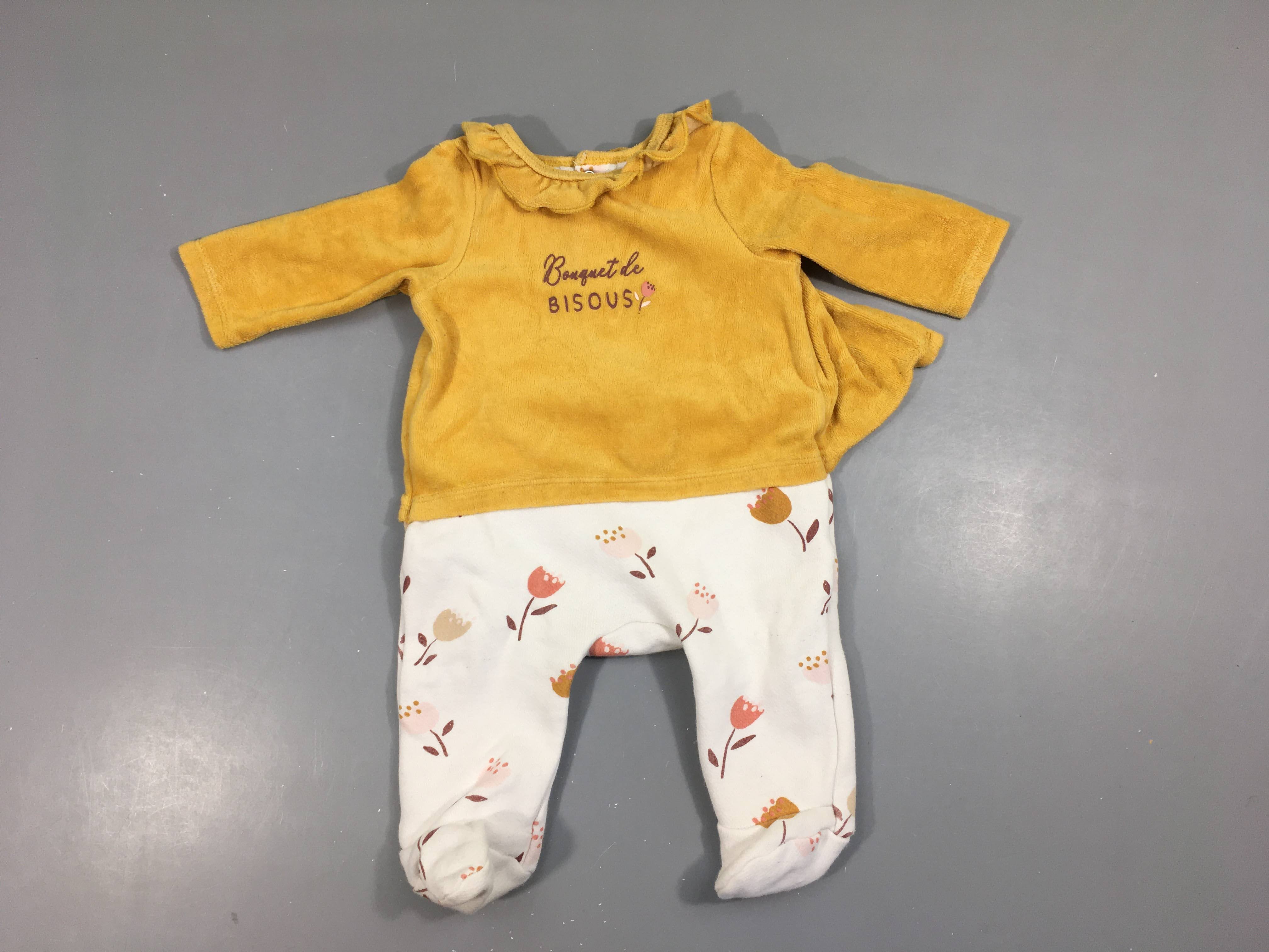 Pyjama velours moutarde-blanc effet superposé pull Bisous