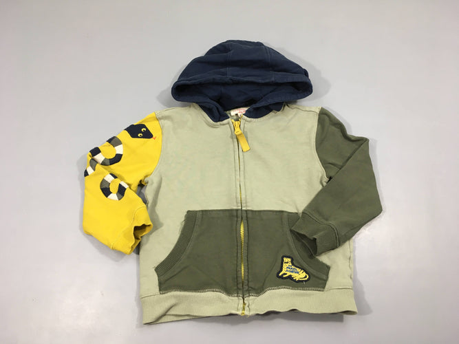 Sweat zippé à capuche kaki/bleu serpent manche, moins cher chez Petit Kiwi