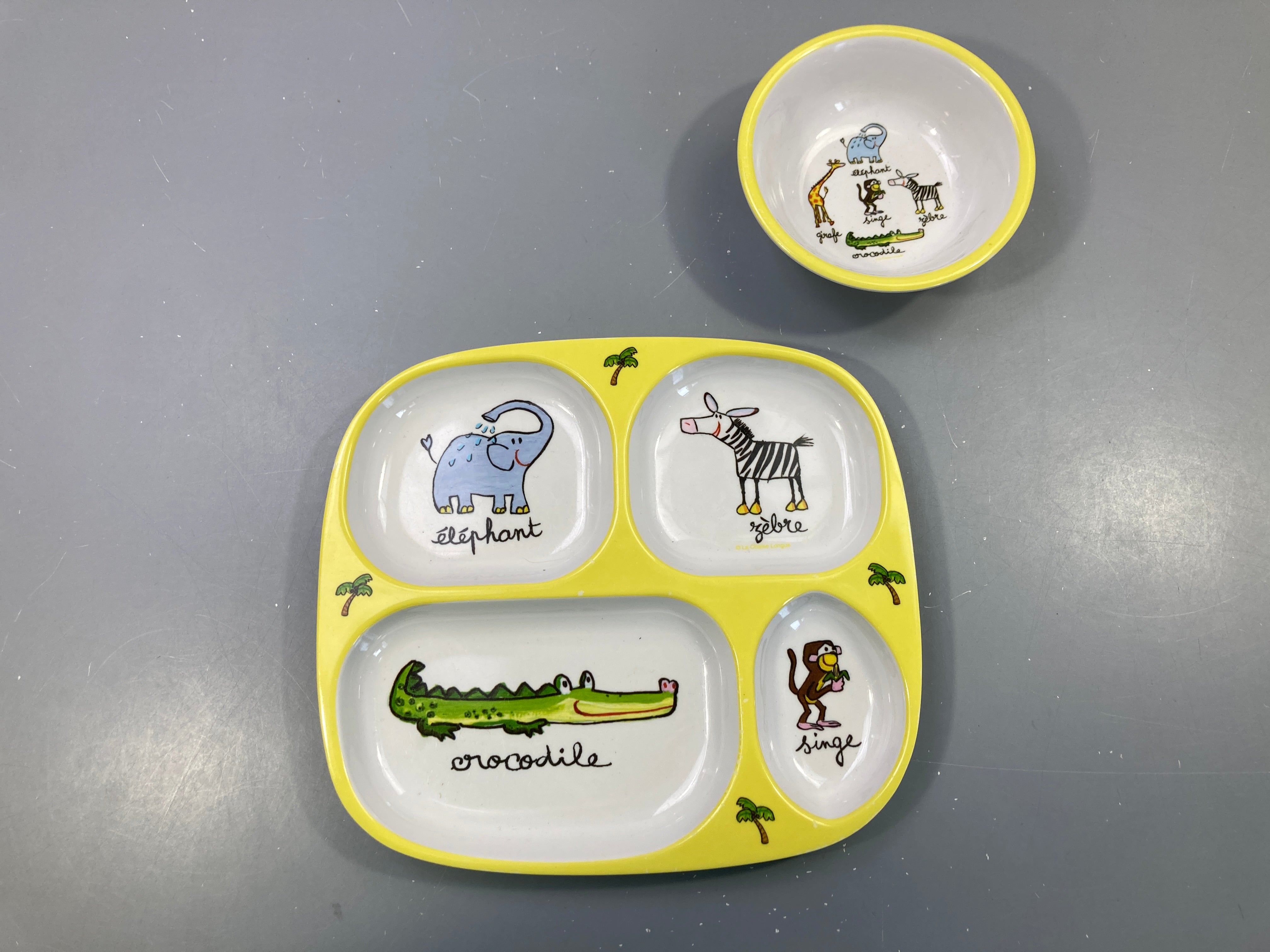 Assiette blanc-jaune 4 compartiments animaux + Bol - chaise longue