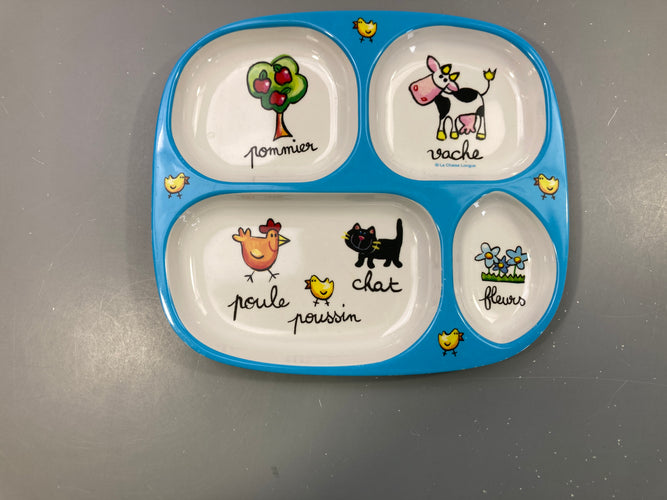 Assiette blanc-bleu 4 compartiments animaux - chaise longue, moins cher chez Petit Kiwi