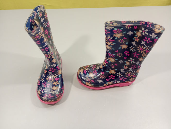 Bottes de pluie bleu marine, motifs  fleurs, coeurs -26, moins cher chez Petit Kiwi