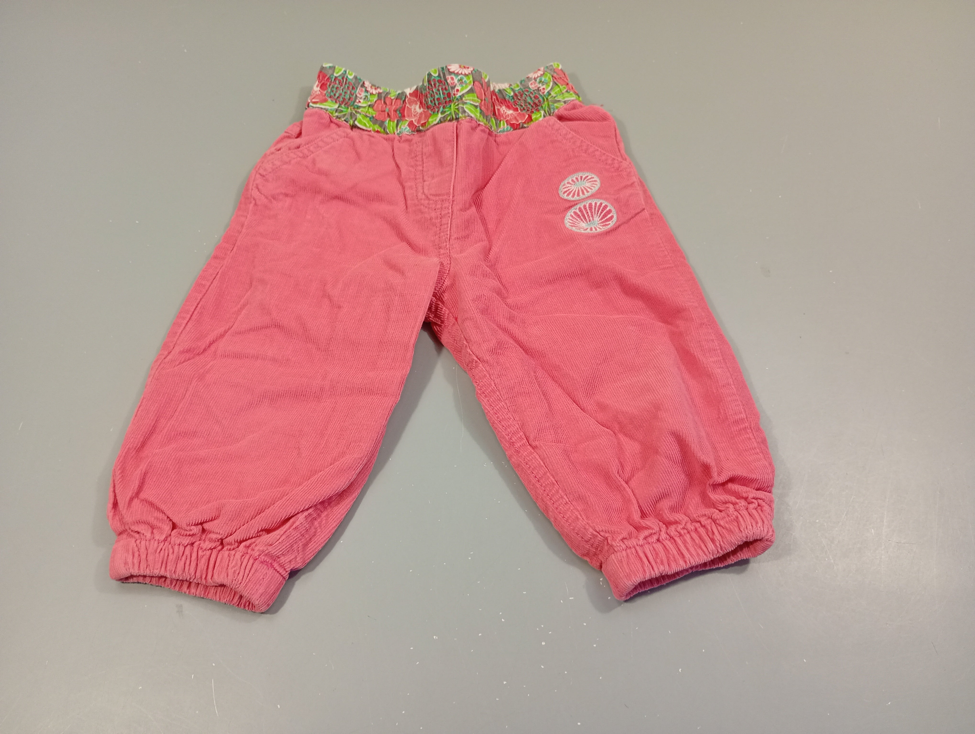 Pantalon velours côtelé taille et chevilles élastiques rose, taille à fleurs