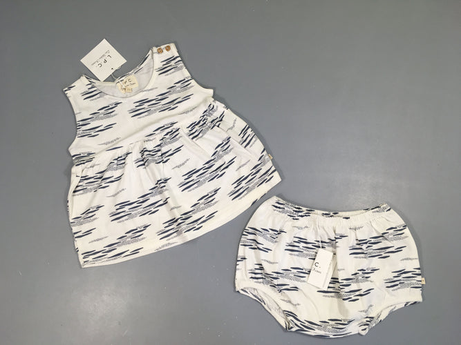 Neuf-T-shirt s.m blanc cassé motifs bleus + Bloomer 100% Coton bio Les petites choses, moins cher chez Petit Kiwi