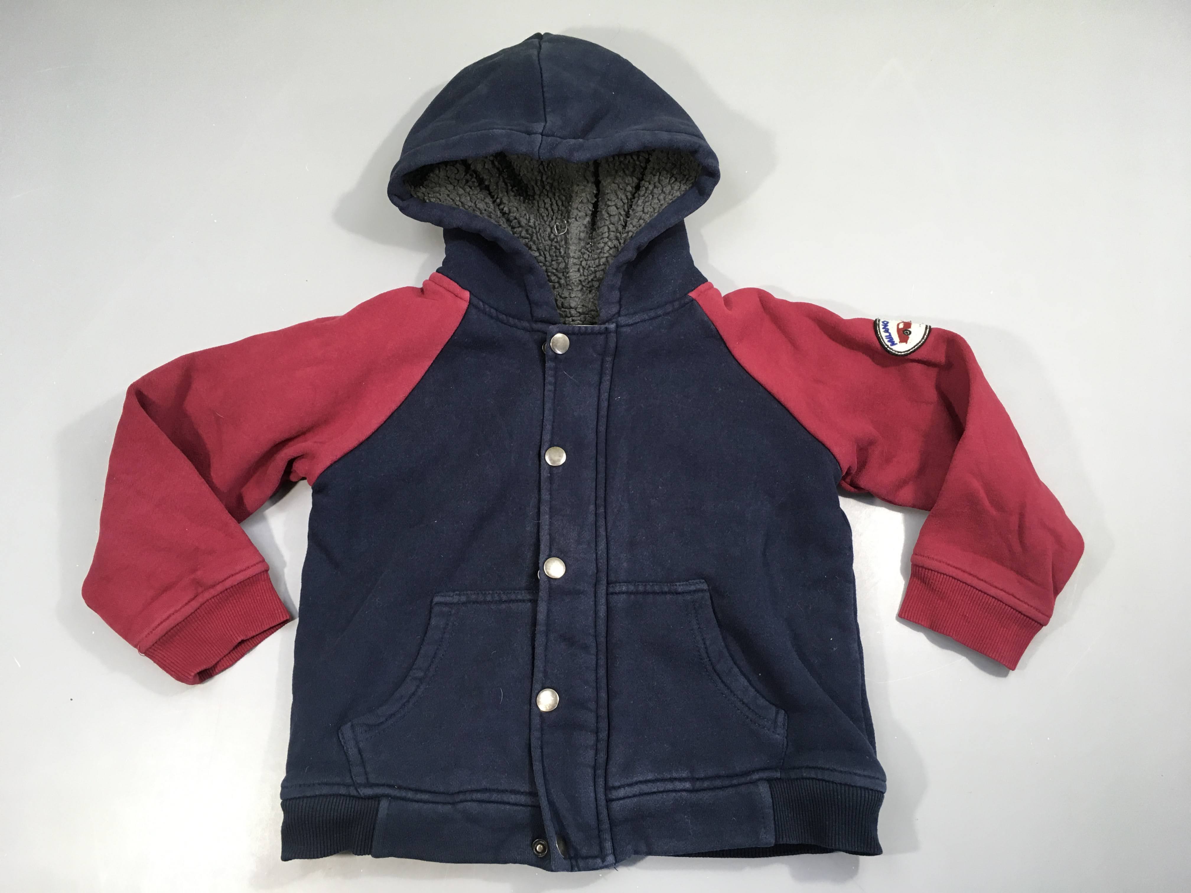 Sweat à capuche à pression bleu foncé-bordeau doublé teddy