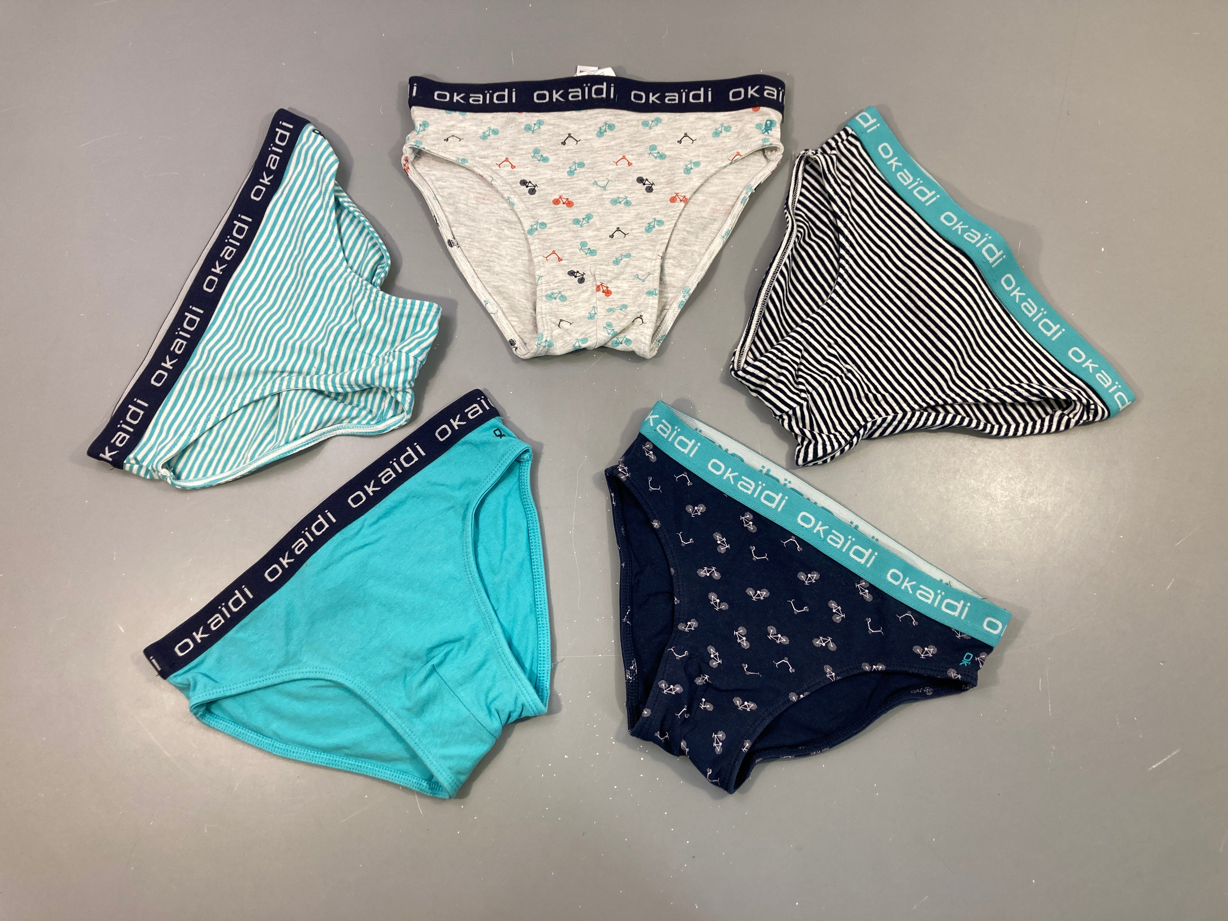 Lot de 5 slips gris/bleu/blanc motifs/rayures