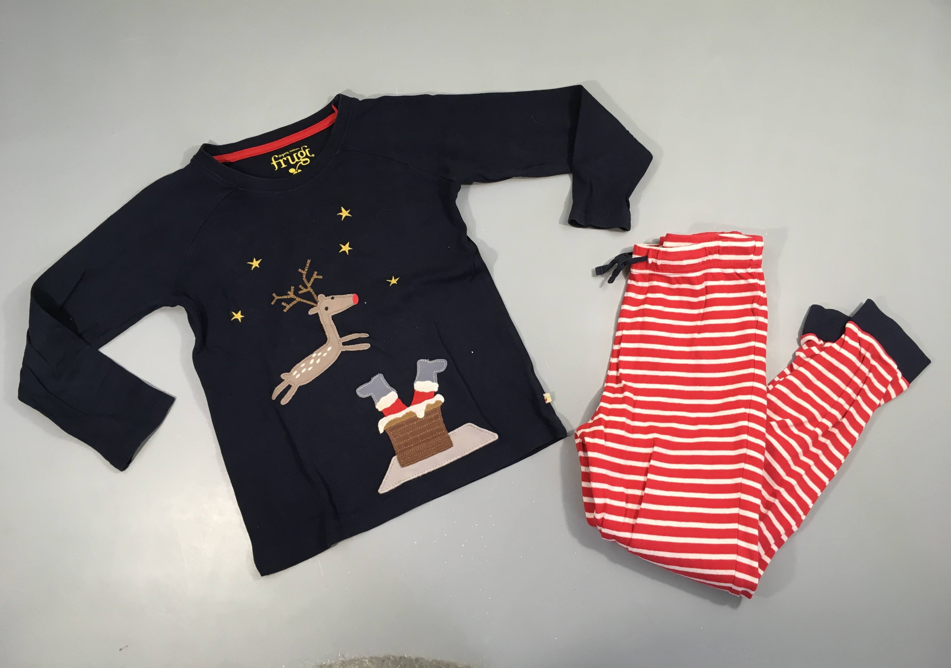 Pyjama 2pcs velours bleu foncé-rouge rayé blanc Père Noel