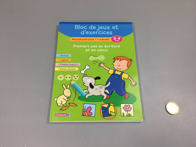 Bloc de jeux et d'exercices 1ère maternelle 3-4ans, premiers pas en écriture et en calcul, moins cher chez Petit Kiwi