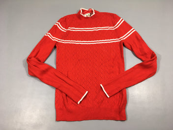 Pull rouge rayé blanc col montant ajouré