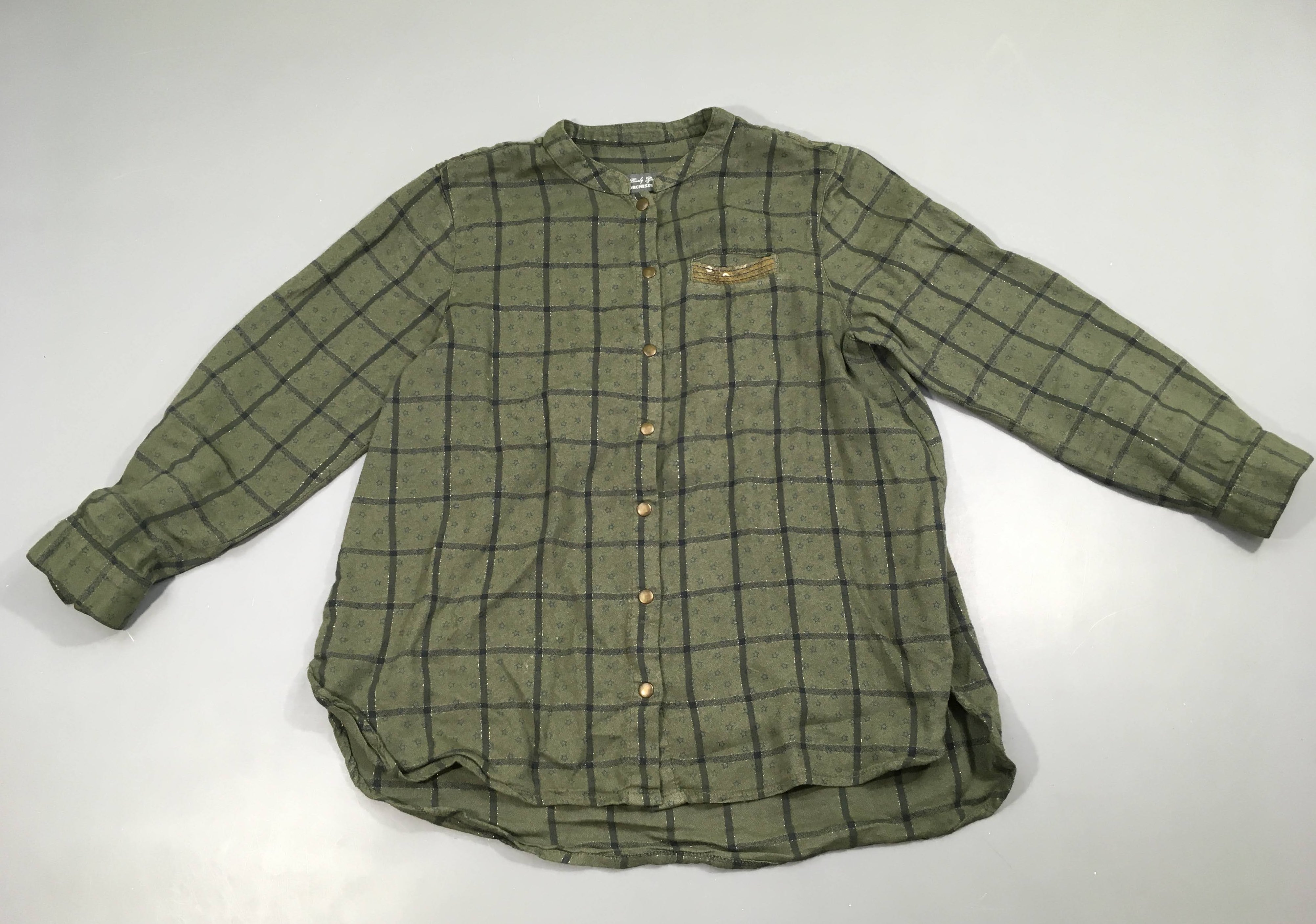 Chemisier à carreaux kaki fils métalisés sequins dorés