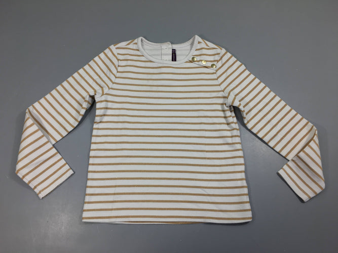 T-shirt m.l blanc rayé doré, légèrement bouloché, moins cher chez Petit Kiwi