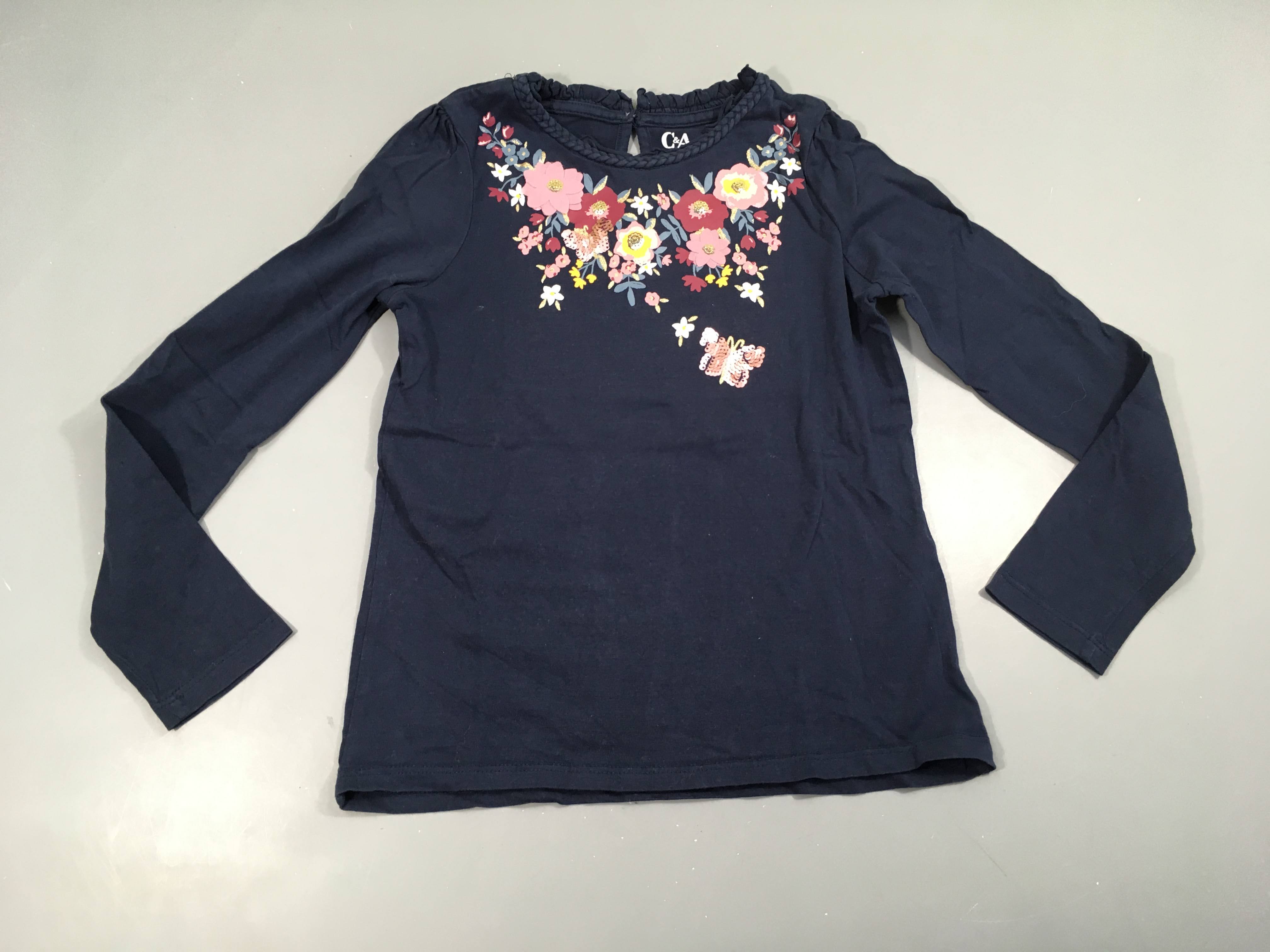 T-shirt m.l bleu foncé fleurs sequins