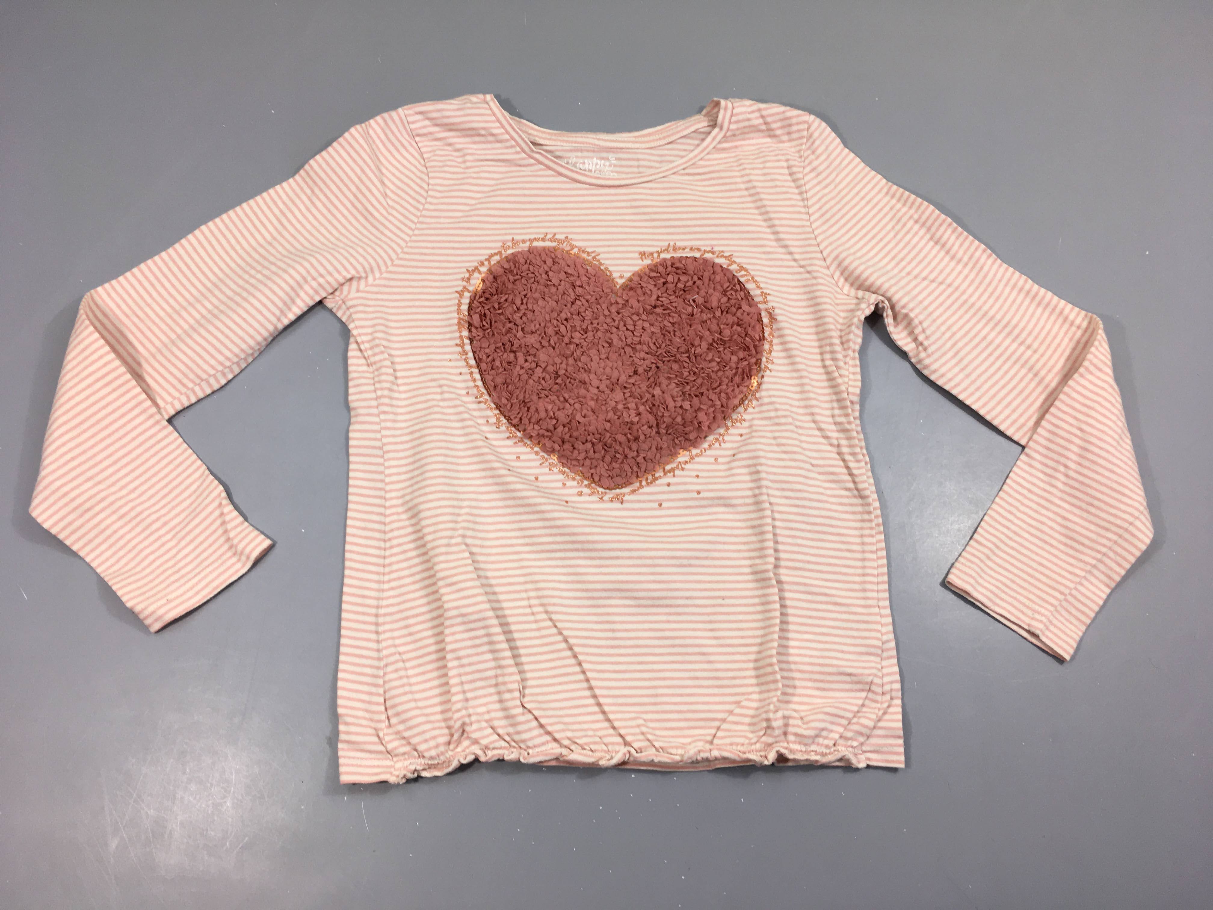 T-shirt m.l blanc rayé rose coeur tulle, bouloché