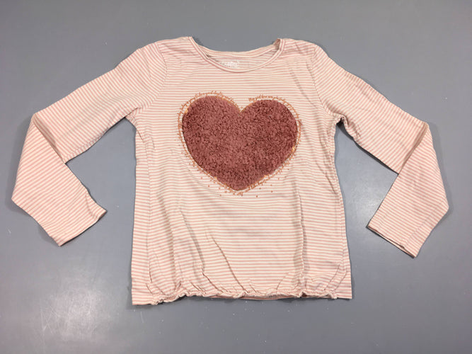 T-shirt m.l blanc rayé rose coeur tulle, bouloché, moins cher chez Petit Kiwi