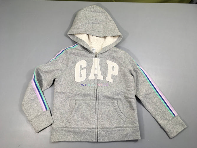 Sweat zippé à capuche gris Gap doublé peluche, bouloché, moins cher chez Petit Kiwi