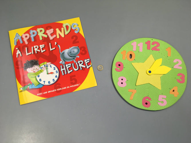 Apprends à lire l'heure + horloge en mousse (traits au bic dessus), moins cher chez Petit Kiwi