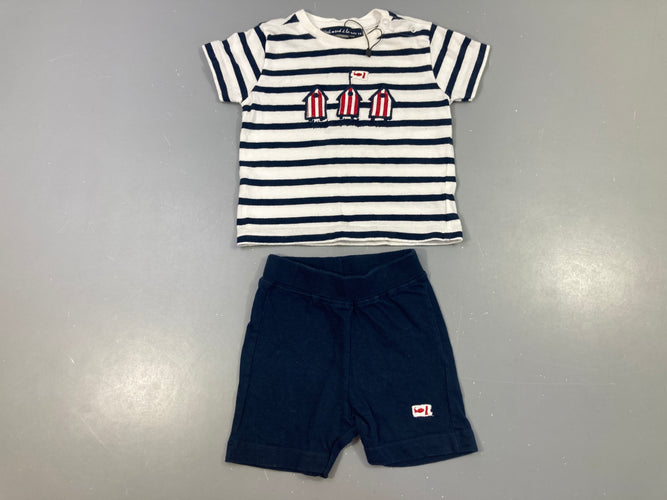 T-shirt m.c blanc rayé bleu foncé cabanons (col légère auréole) + Short jersey bleu foncé, moins cher chez Petit Kiwi