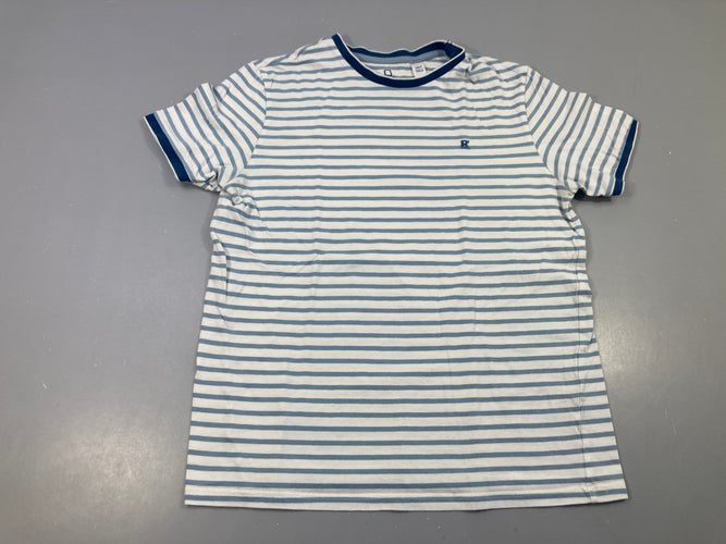T-shirt m.c blanc rayé bleu clair légèrement bouloché et Floc abimé, moins cher chez Petit Kiwi