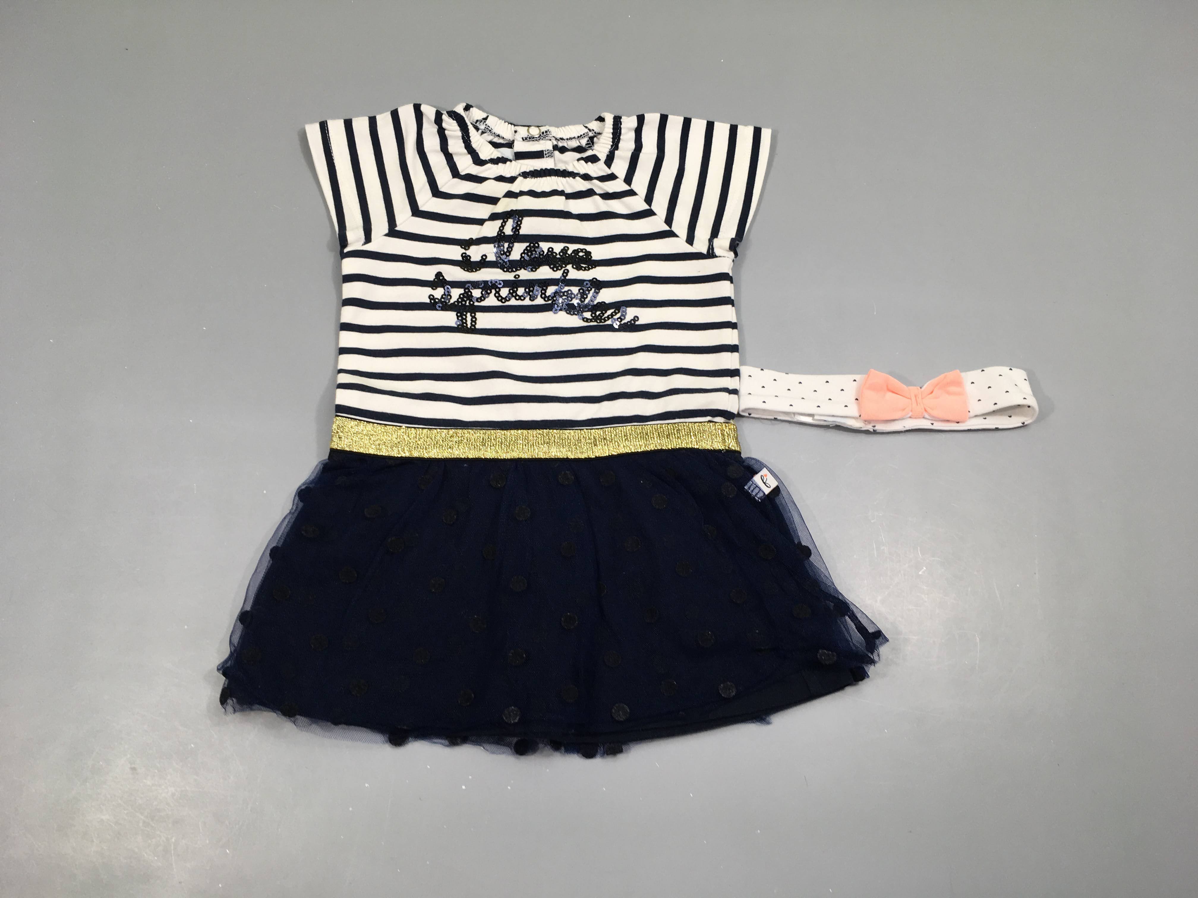 Robe m.c blanche rayé bleu sequins haut/Tulle bleu bas + Bandeau