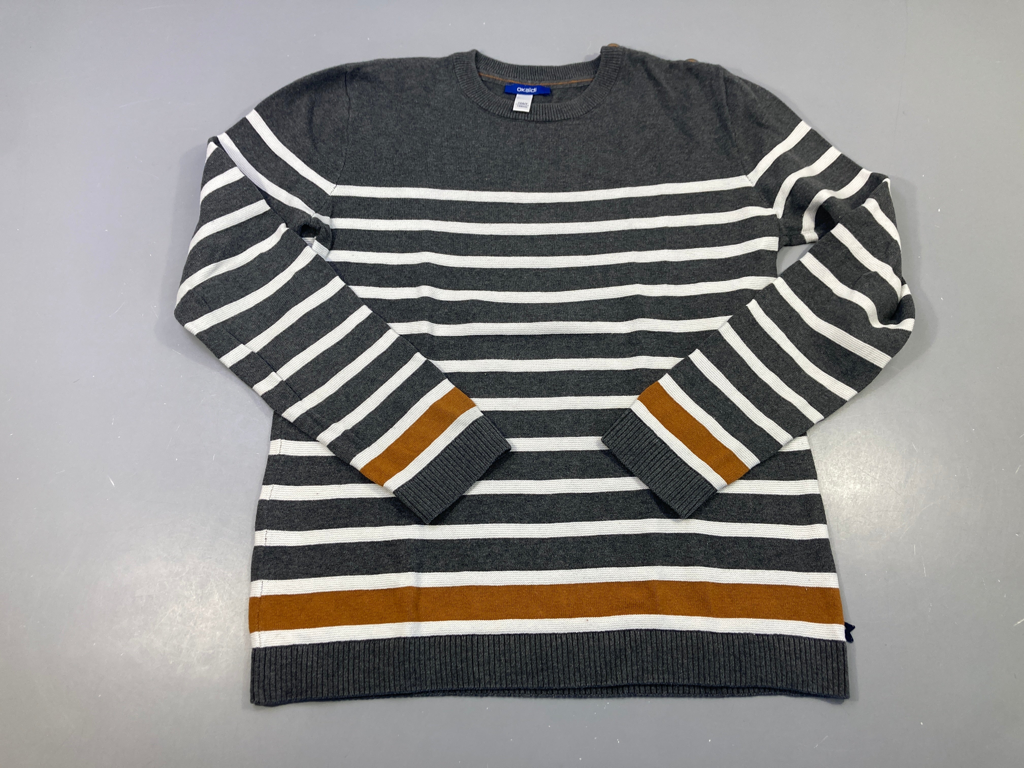 Pull gris rayé-blanc-ocre