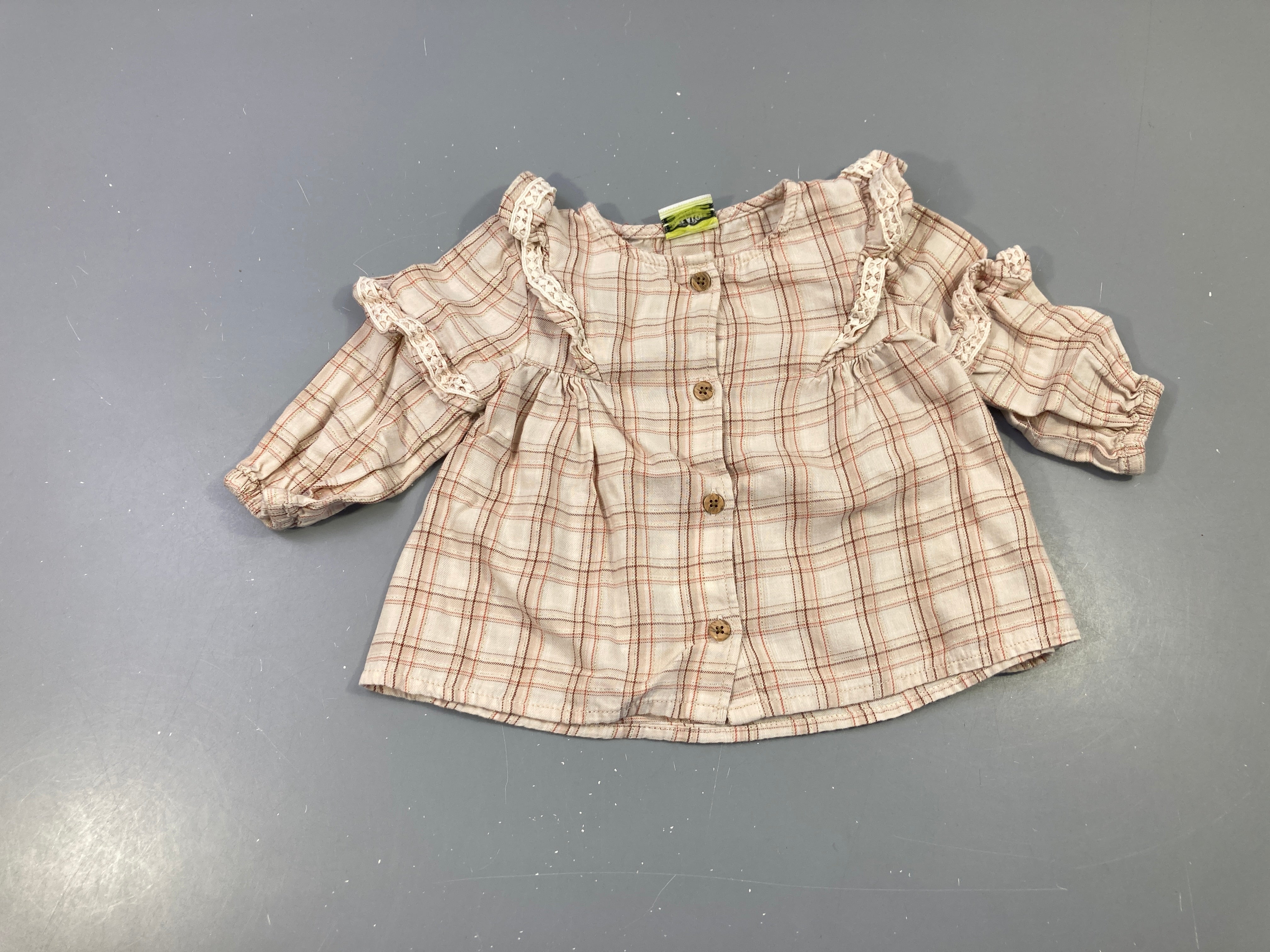 Chemisier beige rosé carreaux brun irisé doré froufrou