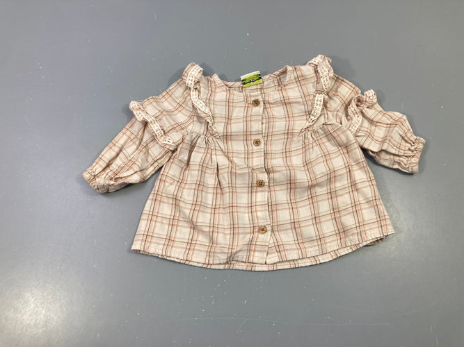 Chemisier beige rosé carreaux brun irisé doré froufrou, moins cher chez Petit Kiwi