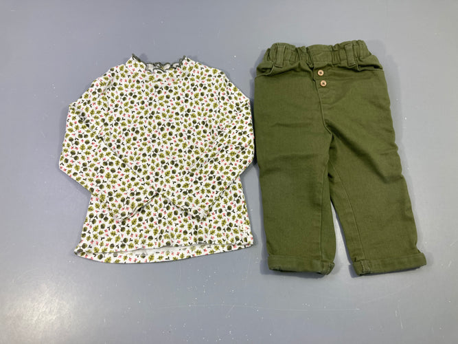 T-shirt m.l col montant côtelé blanc feuillage vert + Pantalon à revers, moins cher chez Petit Kiwi