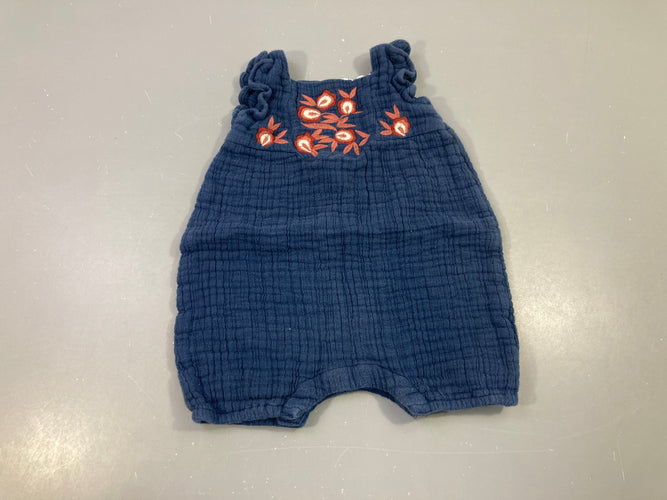 Combishort bleu foncé mousseline épaisse broderie fleurs haut Légèrement boulochée, moins cher chez Petit Kiwi